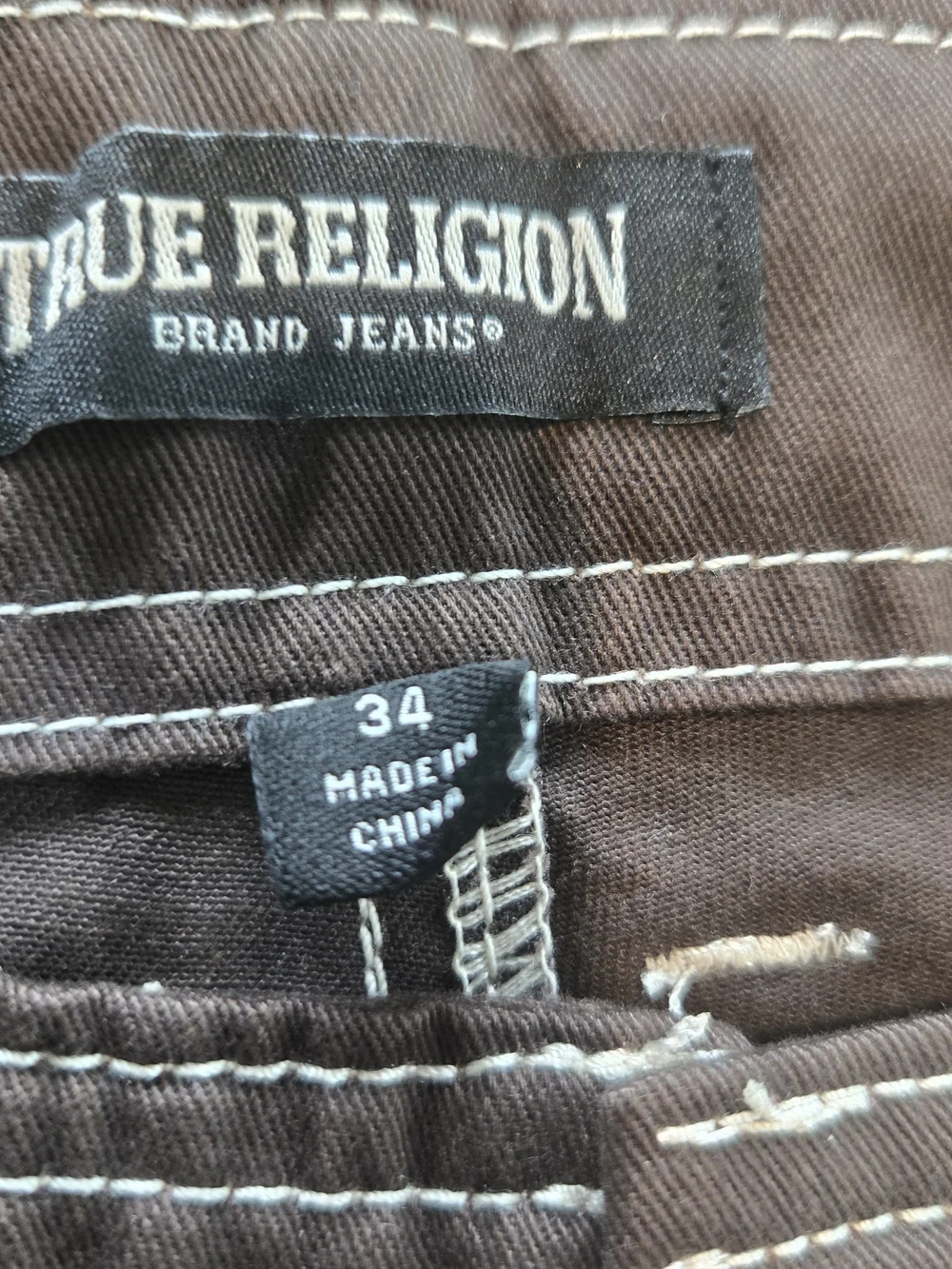 True Religion Mens Baggy SN Cargo Pants 34 Java Brown White Contrast Stitch NWT